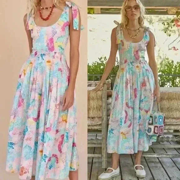 HUNTER BELL Pastel Floral Tie-Shoulder Scoop-Neck Midi Dress - Picture 2 of 8